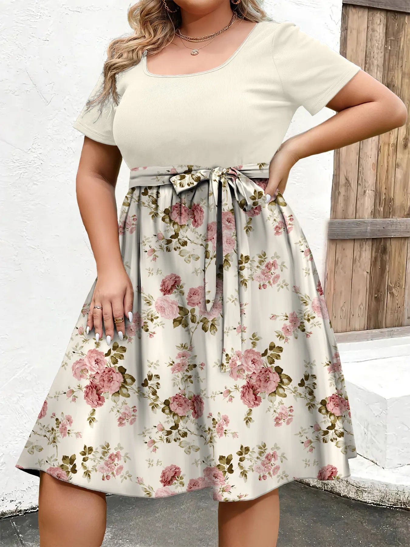 Plus Size Floral Belted A-Line Midi Dress Round Neck Short Sleeve Elegant Casual Daily Dress