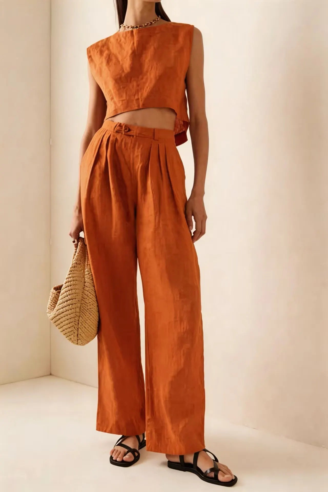 Sleeveless Crop Top & High-Waist Wide-Leg Pants Set