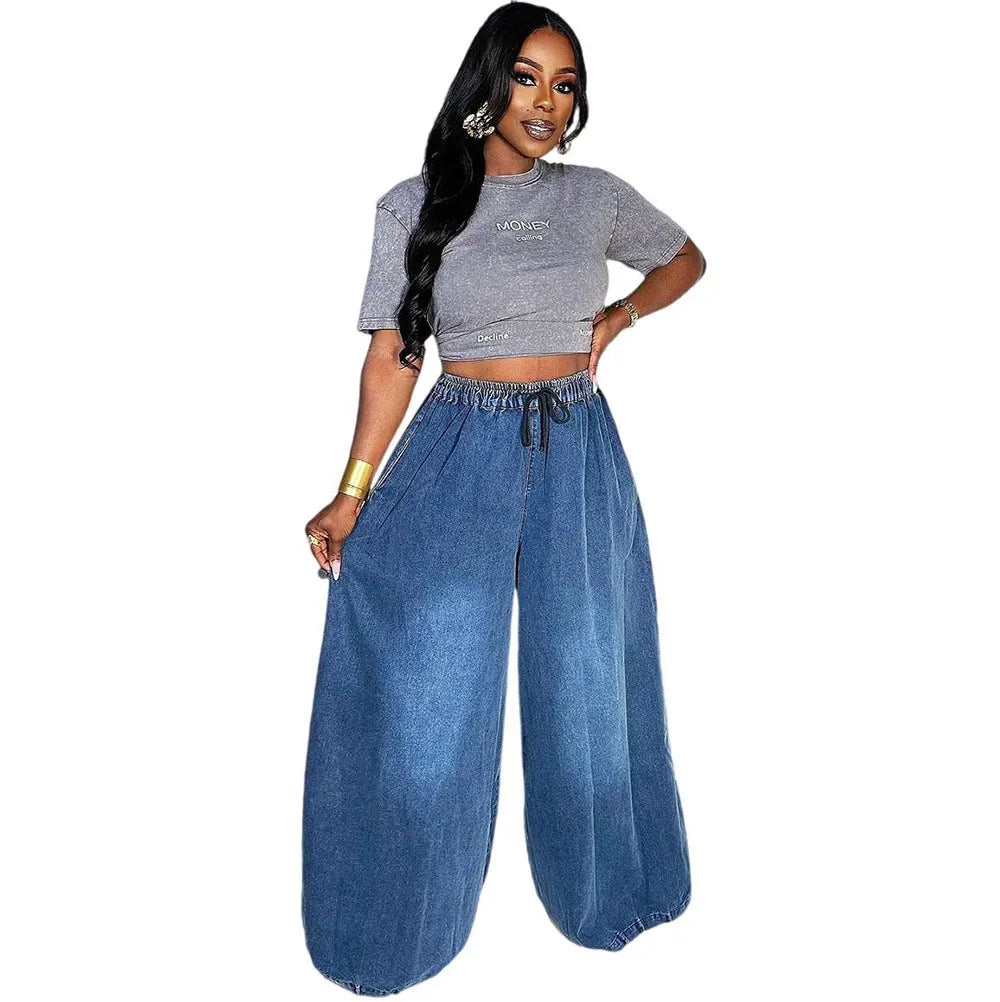 Elastic Drawstring Waist Denim Wide Leg Pants