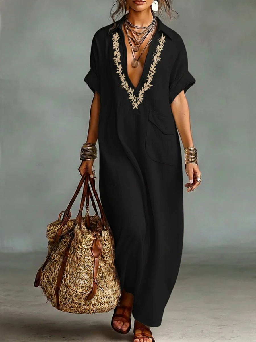 Bohemian Embroidered Linen Maxi Dress