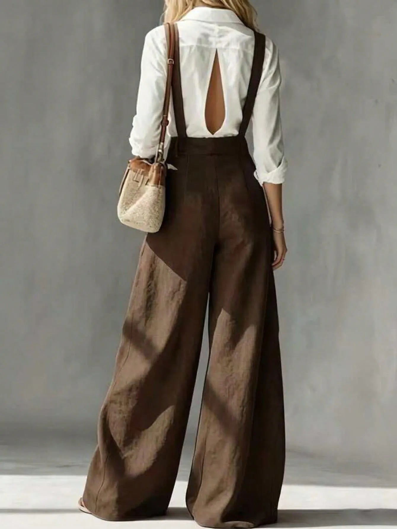 Coffee Brown Suspender Wide Leg Casual Pants