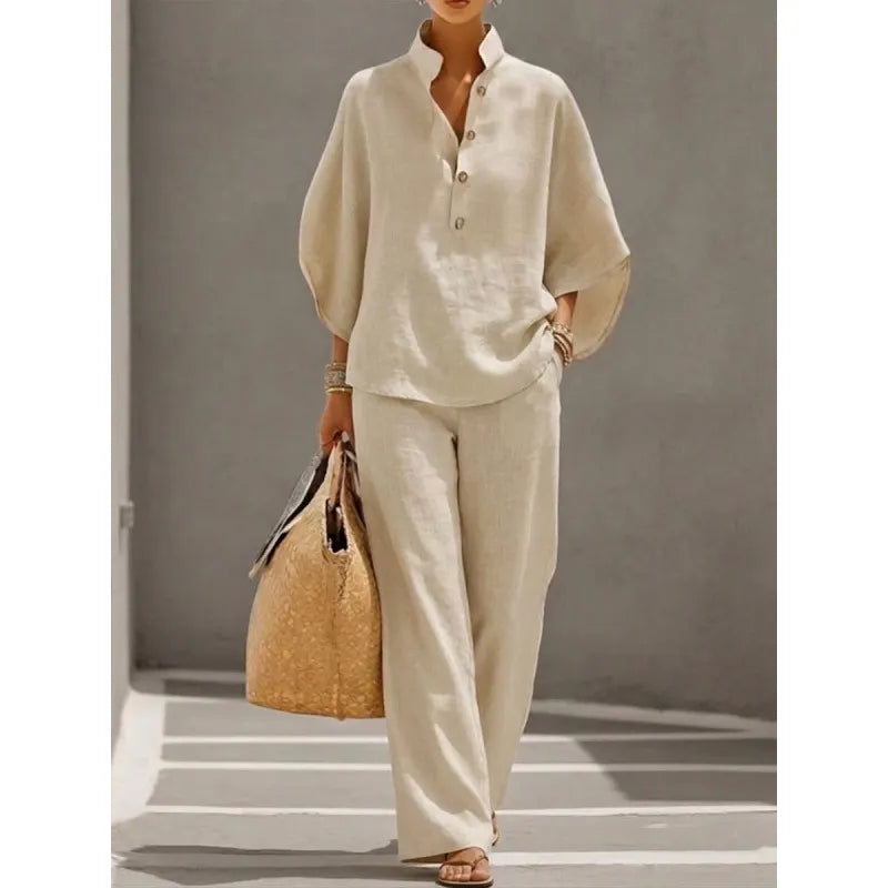 Solid Color Casual Two-Piece Shirt & Pants Set