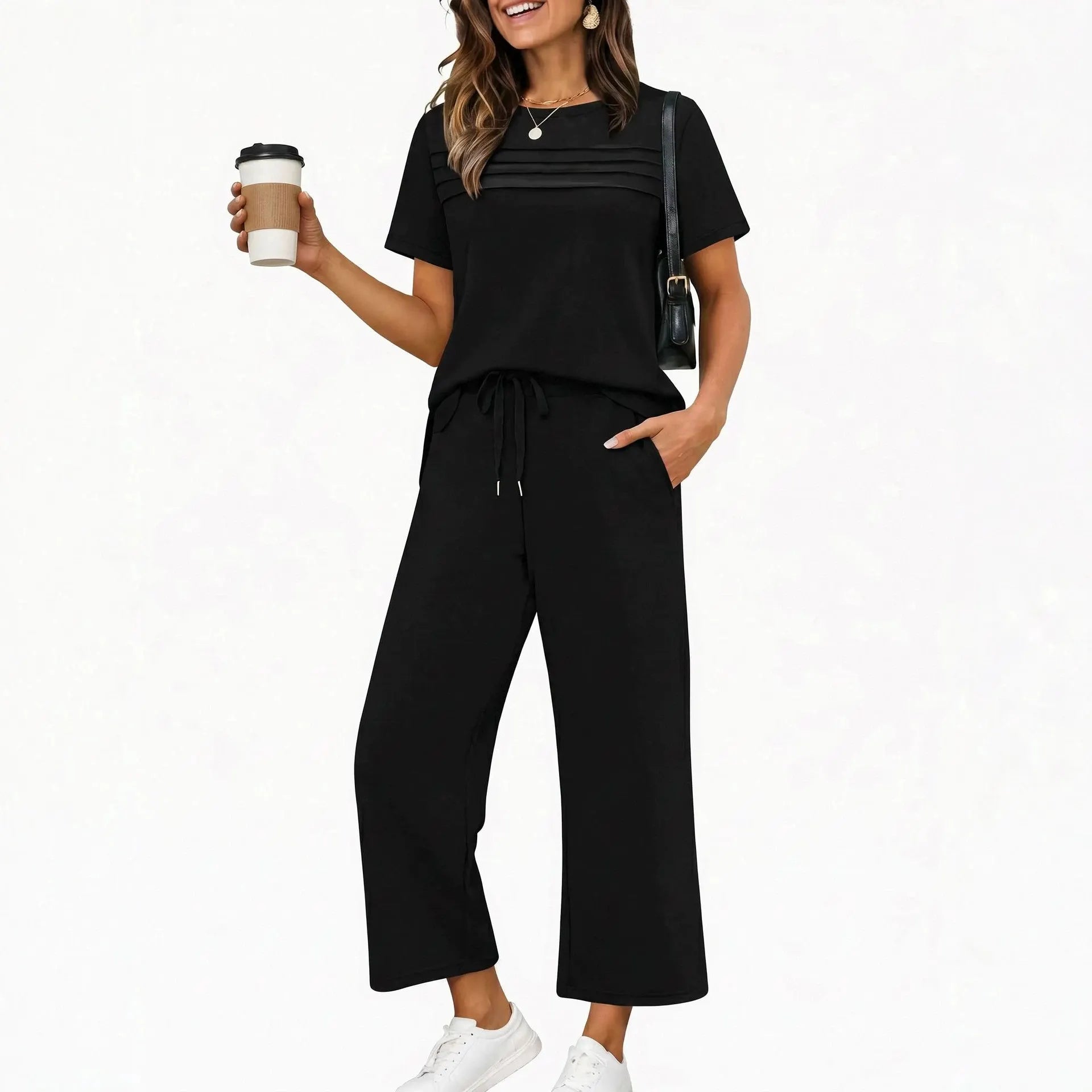 Solid Color Pleated Round Neck Short Sleeve Drawstring Nine-Point Pant Casua