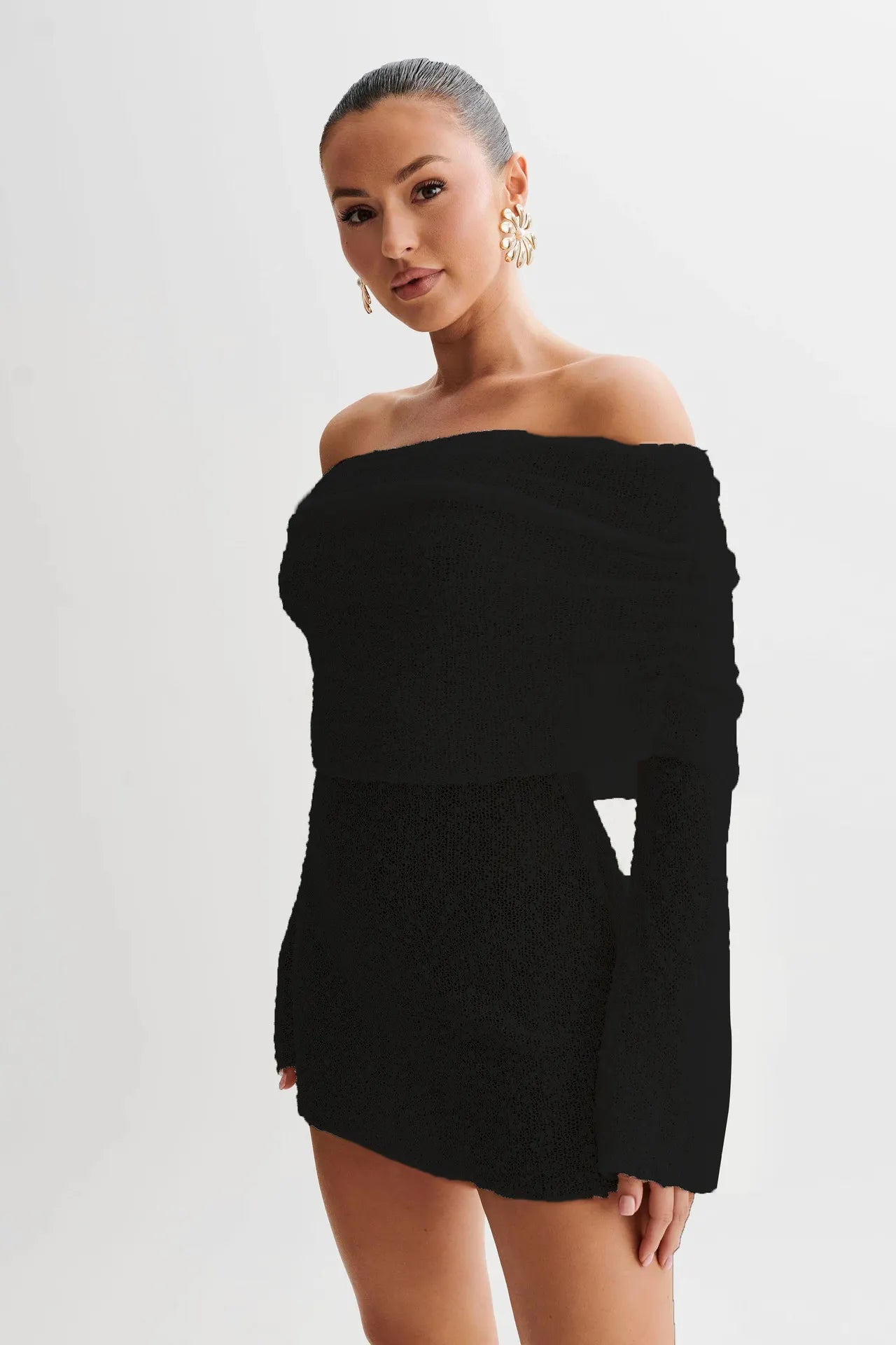 Blue Off-Shoulder Foldover Neck Mini Dress - Bell Sleeve Knit Bodycon Dress