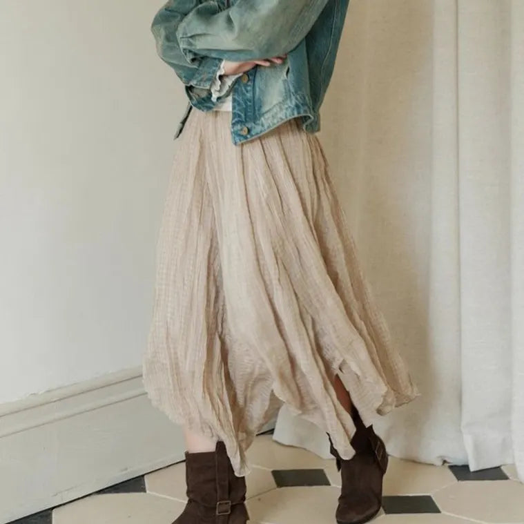 Beige Irregular Ruffled Midi Skirt