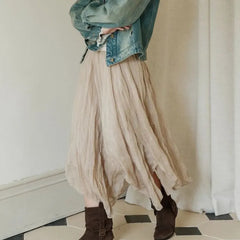 Beige Irregular Ruffled Midi Skirt