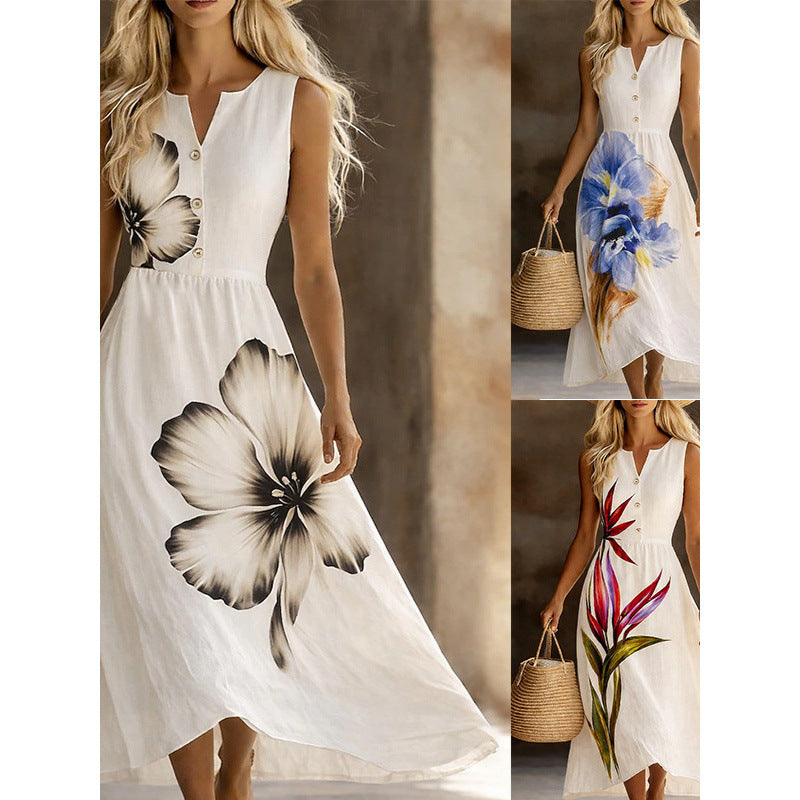 3D Floral Print Notched V-Neck Sleeveless A-Line Maxi Dress