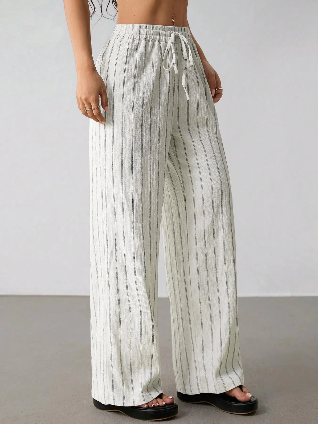 Vertical Striped Elastic Waist Wide Leg Pants