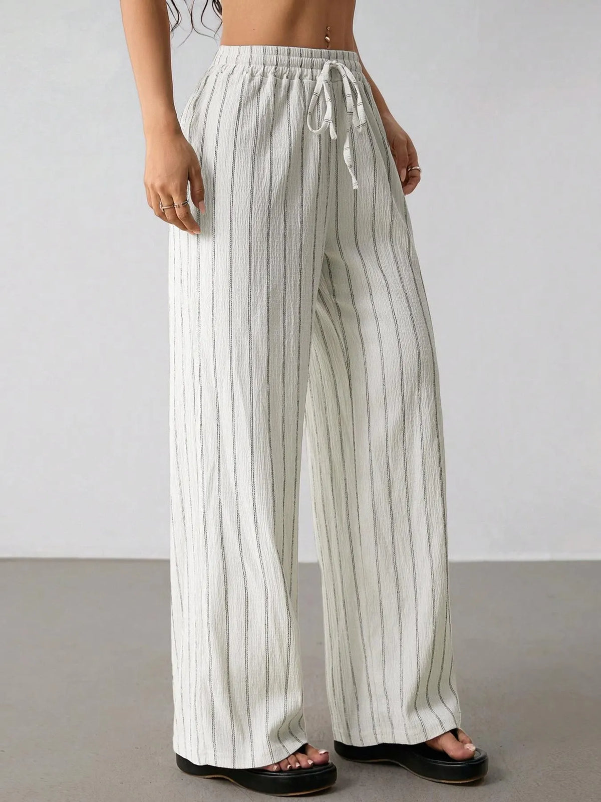 Vertical Striped Elastic Waist Wide Leg Pants