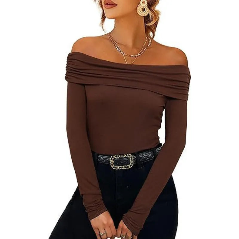 Off Shoulder Long Sleeve Slim Fit Solid Pullover Top