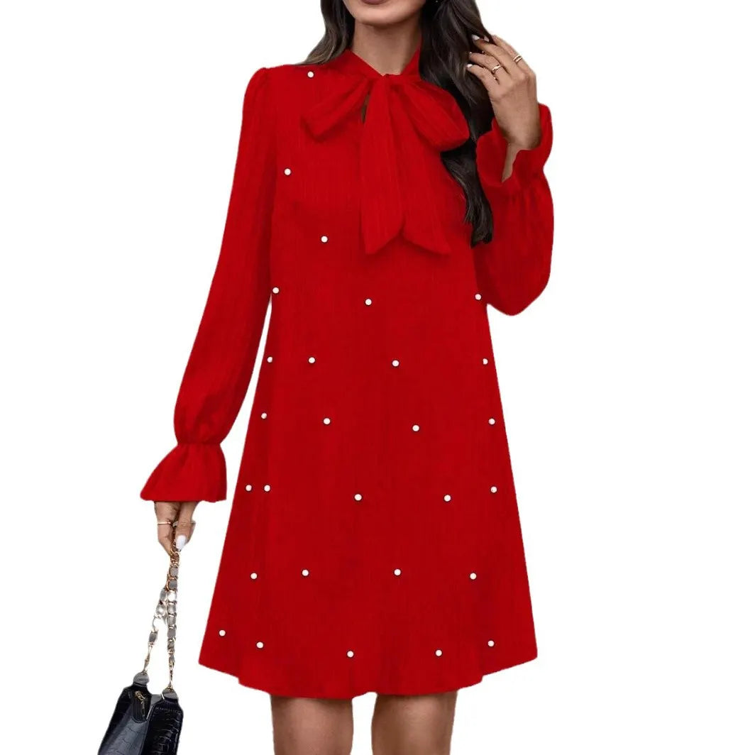 Bow Tie Pearl Long Sleeve Shift Mini Dress