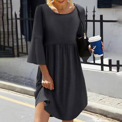 Crew Neck Flared 3/4 Sleeve Loose Tiered Irregular Hem Solid Midi Dress