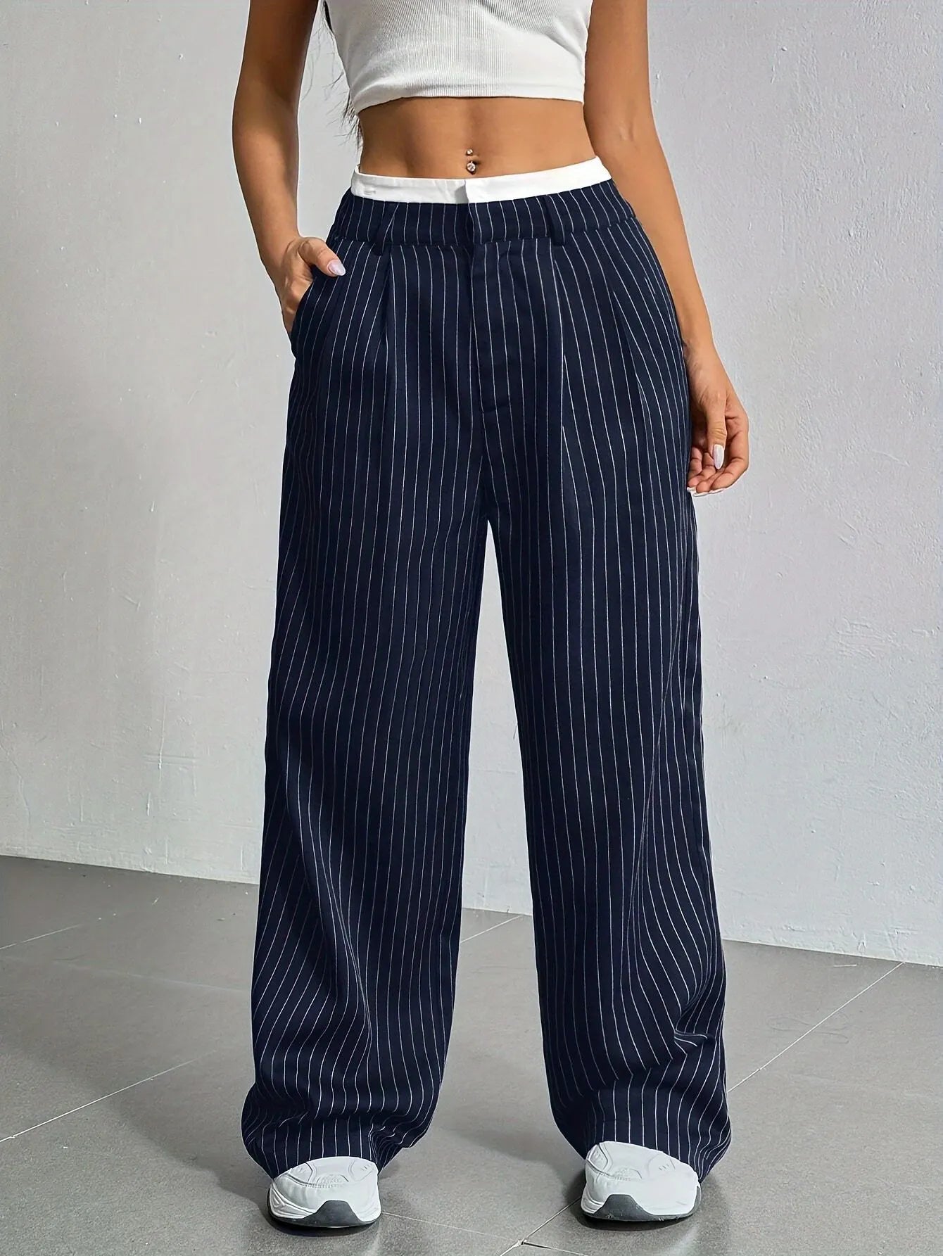 High Waist Striped Loose Wide Leg Suit Pants