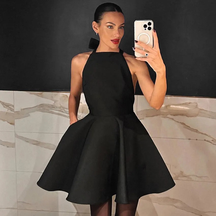 Solid Halter Neck Sleeveless High Waist A-Line Mini Satin Dress