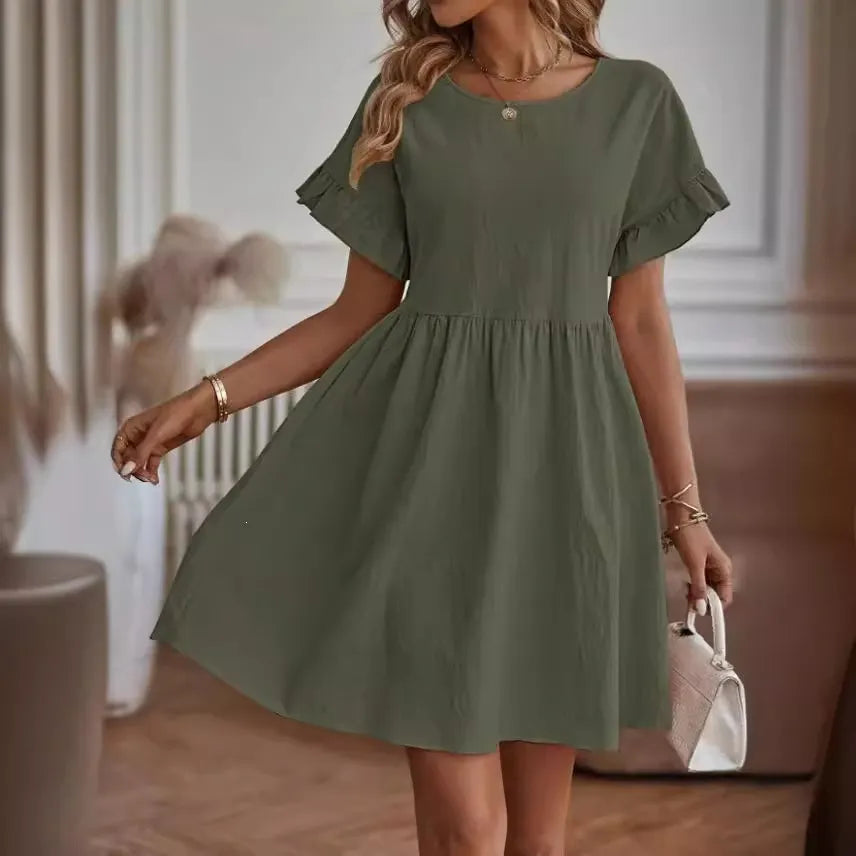 Crew Neck Ruffle Short Sleeve Mid Waist Loose A-Line Cotton Linen Mini Dress