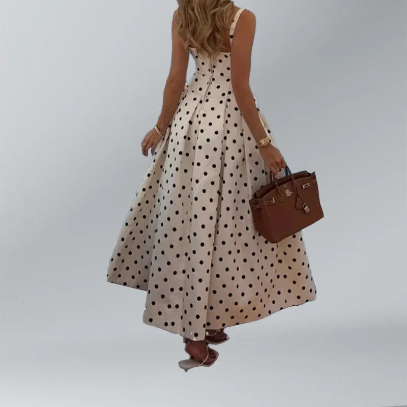 Polka Dot Square Neck Sleeveless High Waist Maxi Dress