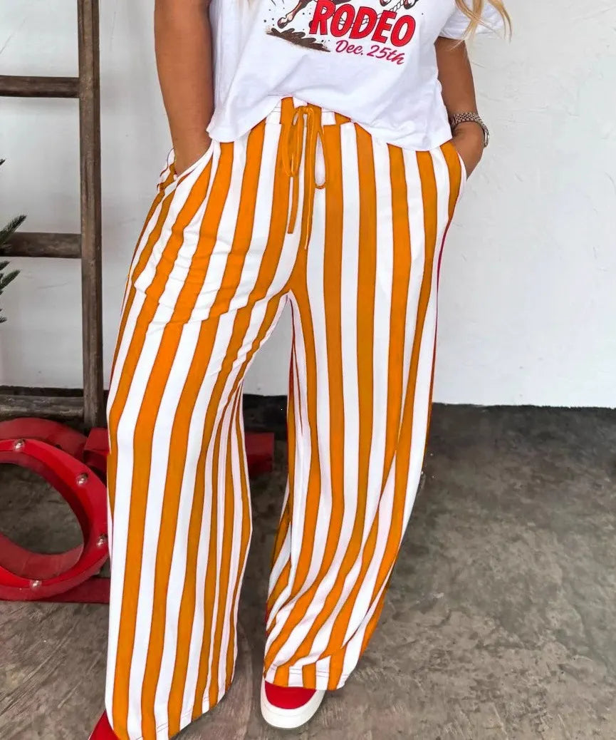 Vertical Stripe Drawstring Wide Leg Casual Pants