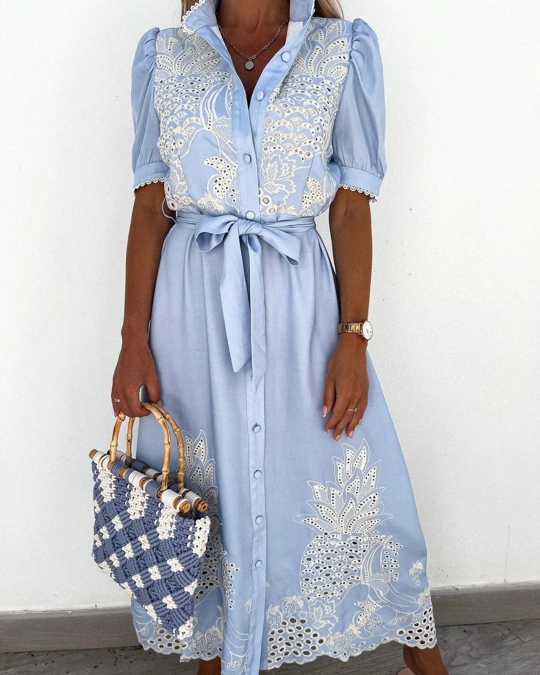 Eyelet Embroidered Button Down Midi Dress