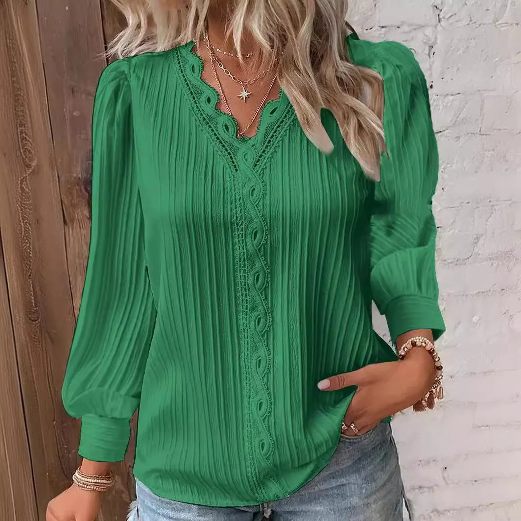 White Lace Trim Blouse, V-Neck Puff Sleeve Textured Long Sleeve Top