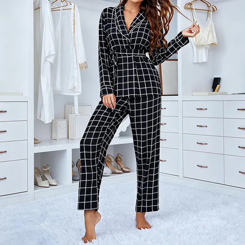 Grid Print Wrap Pajama Set Long Sleeve Belted Lapel Top & Long Pants Lounge Wear