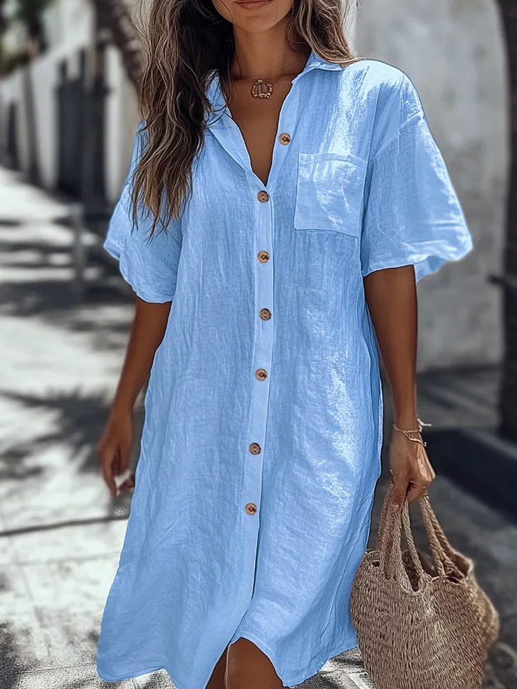Short Sleeve Pocket Linen Shirt Dress Button Front Casual Midi Dress