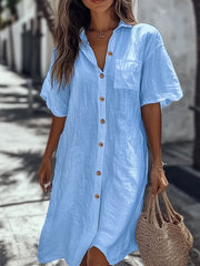 Short Sleeve Pocket Linen Shirt Dress Button Front Casual Midi Dress