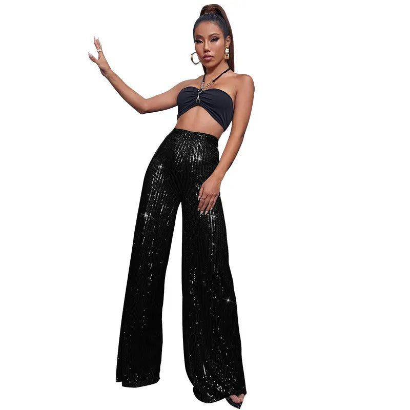 Sequin Stripe High Waist Wide Leg Pants