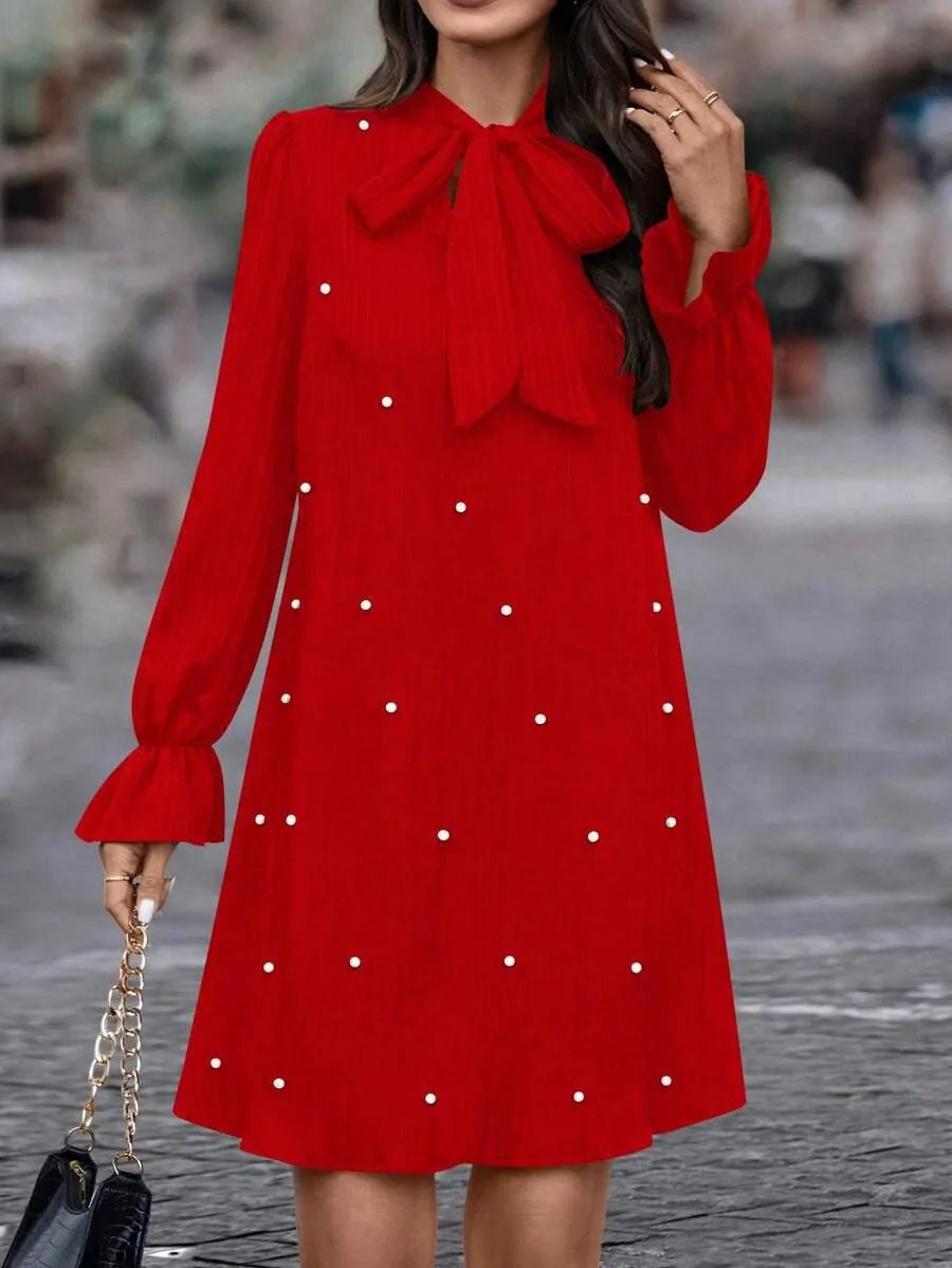 Bow Tie Pearl Long Sleeve Shift Mini Dress