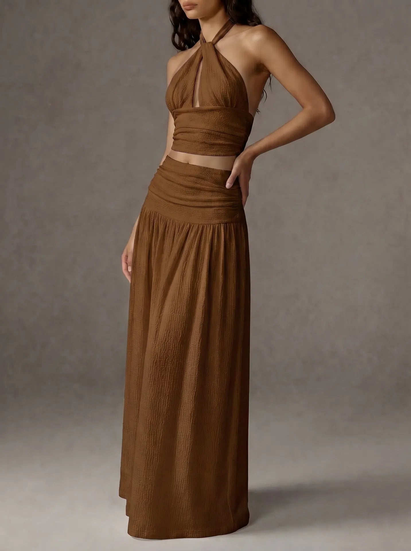 Halter Cutout Crop Top Maxi Skirt 2 Piece Outfit Textured Crinkle Matching Set