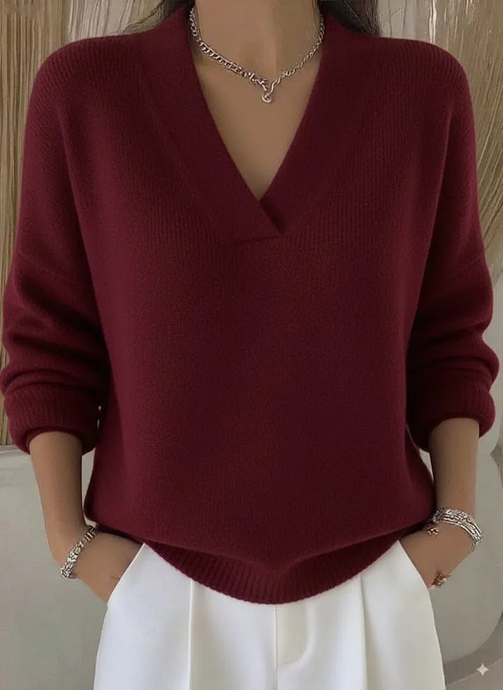 V Neck Solid Color Knit Pullover Sweater