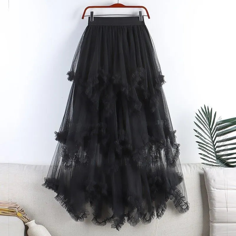 Asymmetrical Ruffle Tulle Maxi Skirt
