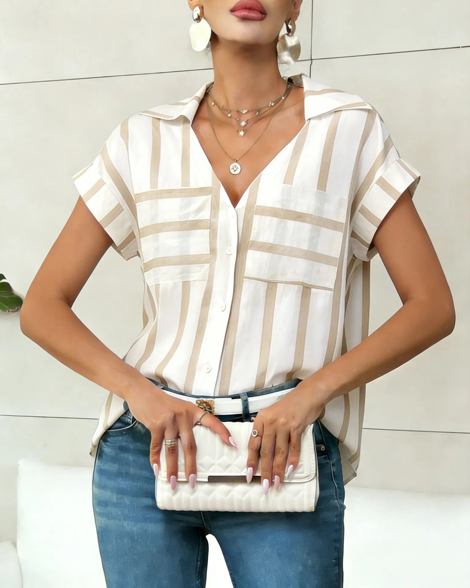 Striped Print V-Neck Batwing Sleeve Pocket Shirt