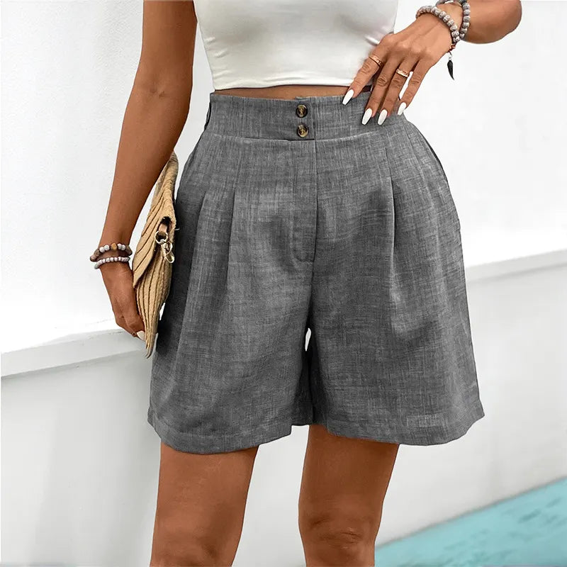 High Waist Double Button Pleated Linen Bermuda Shorts