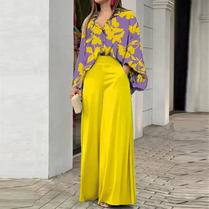 Floral Print Long Sleeve Shirt & Wide Leg Pants Two Piece Set
