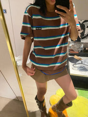 Round Neck Colorful Striped Loose Short Sleeve Cotton T-Shirt