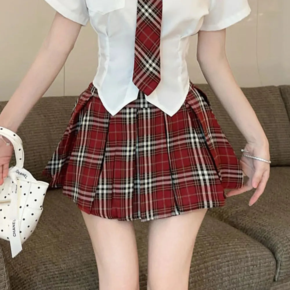 Schoolgirl Style Plaid Skirt & Fitted Shirt Two-Piece Set
