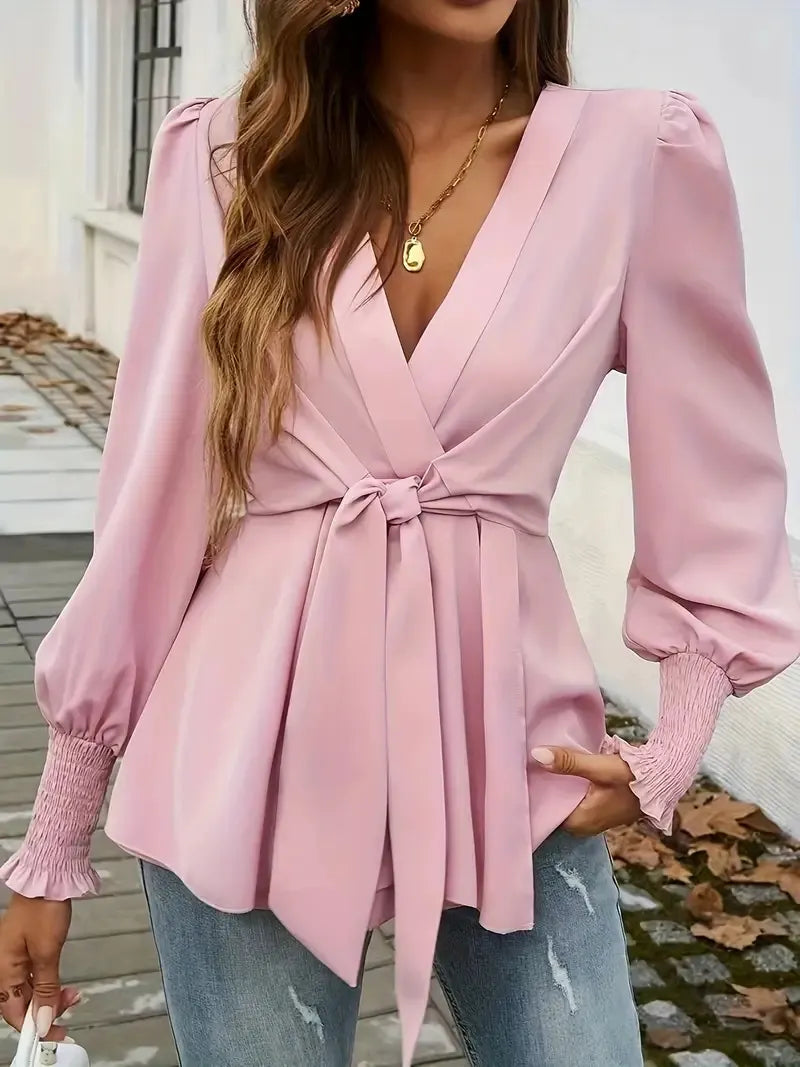 Wrap V-Neck Tie Waist Blouse