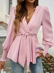 Wrap V-Neck Tie Waist Blouse