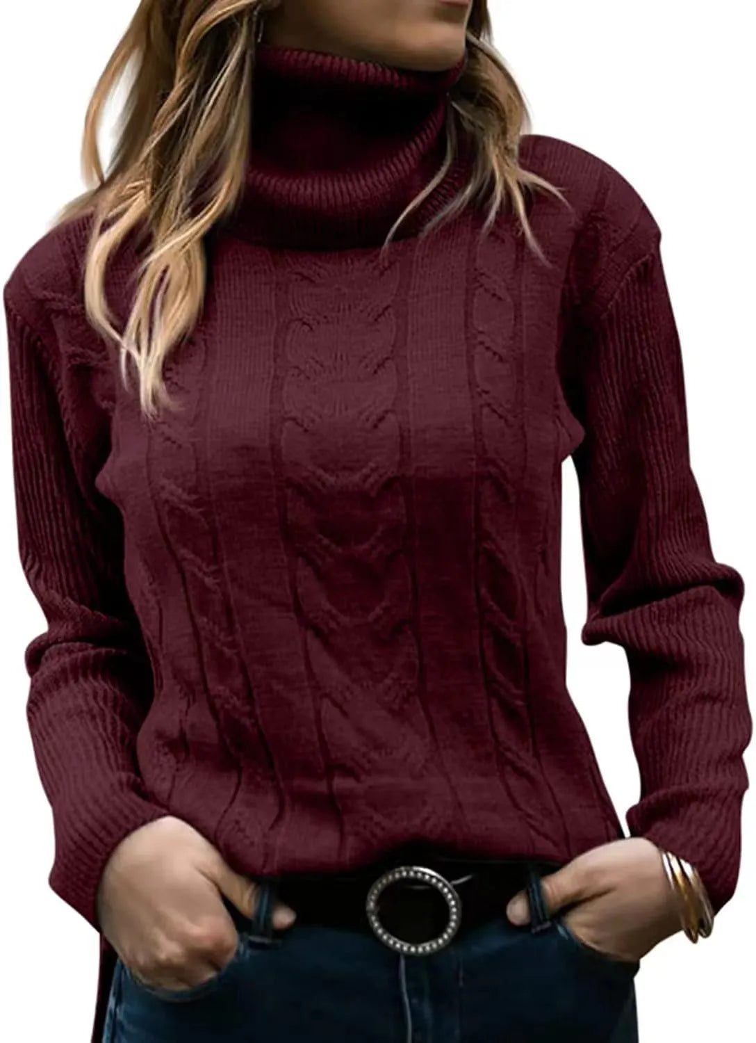 Thick Cable Knit Turtleneck Sweater, Classic Warm Long Sleeve Winter Jumper