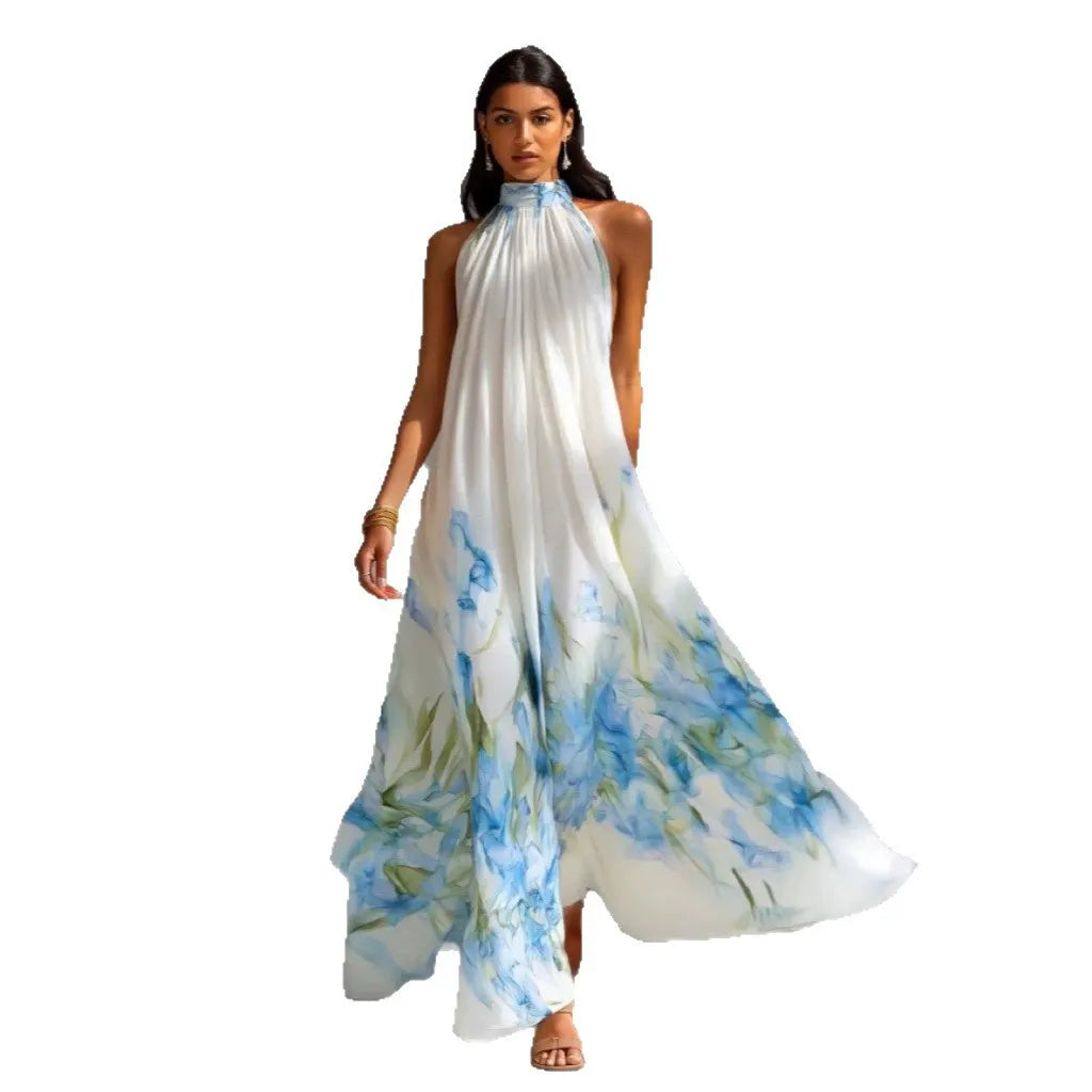 Floral Halter Maxi Dress, Sleeveless Loose Flowy Big Swing Elegant Long Dress
