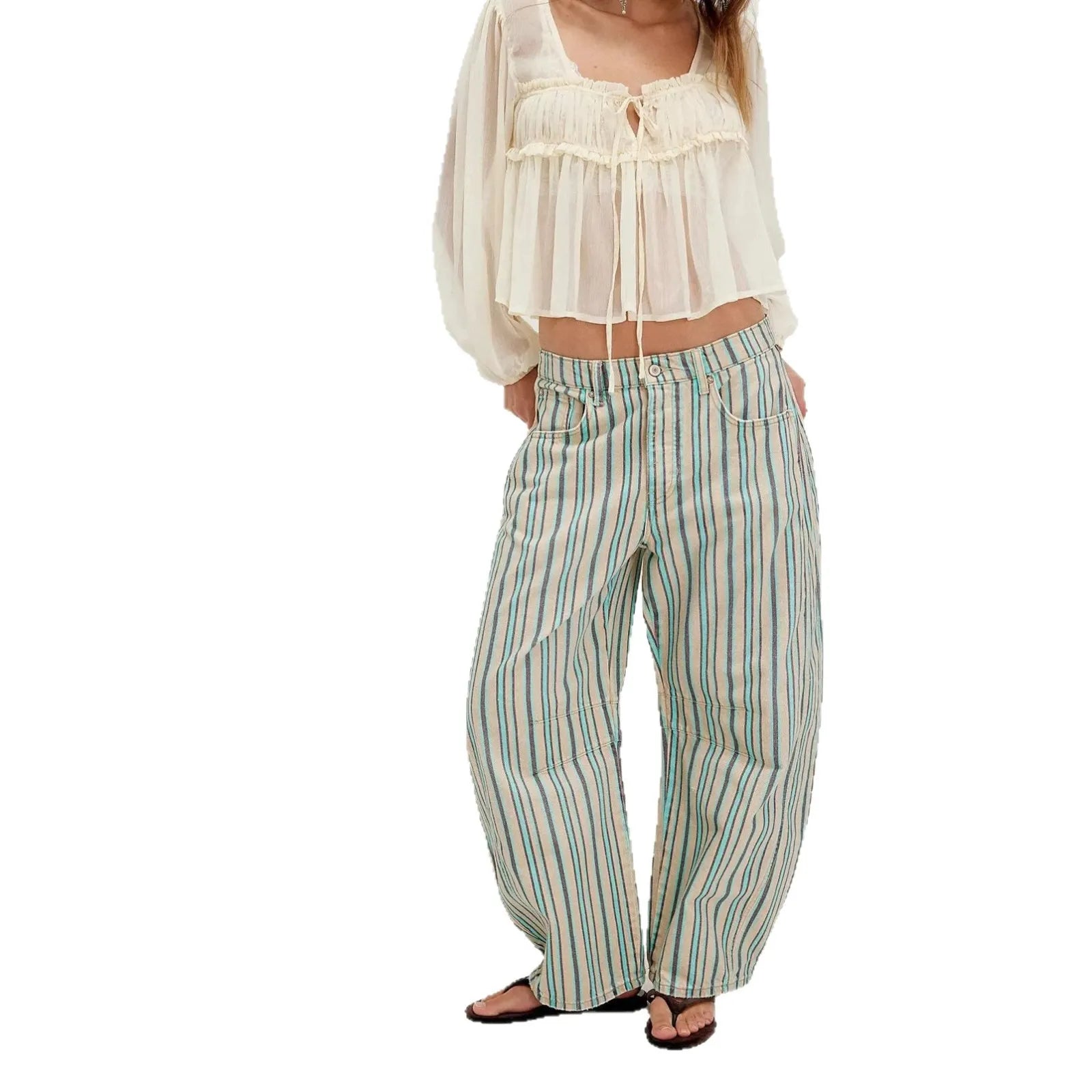 Mid‑Waist Striped Printed Loose Barrel Jeans