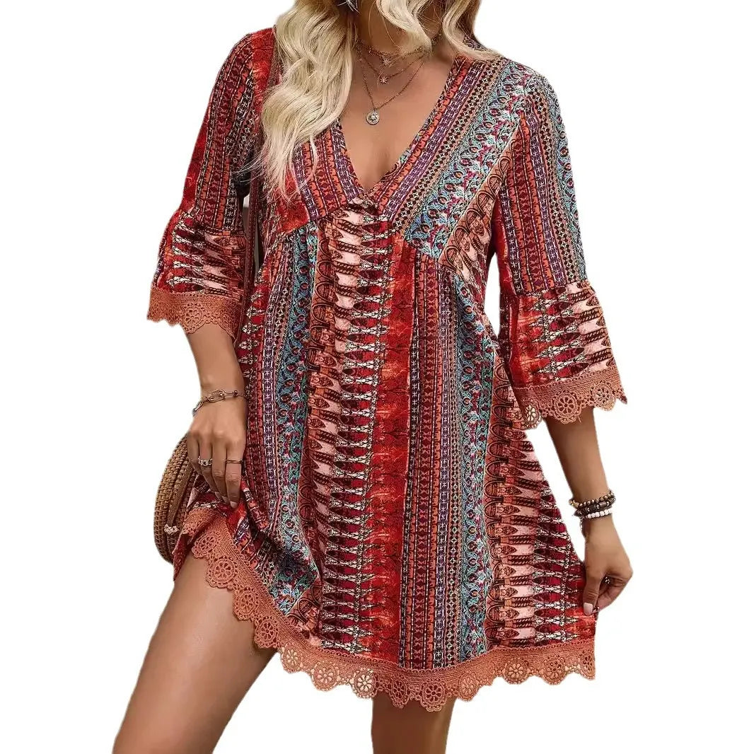 Boho V Neck Lace Trim Floral Print Short Dress