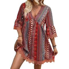 Boho V Neck Lace Trim Floral Print Short Dress