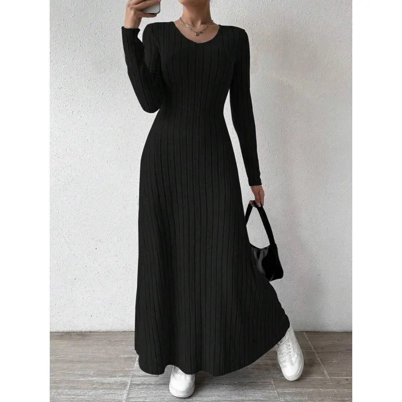 Round Neck Long Sleeve Ribbed Knit Slim A-Line Maxi Dress