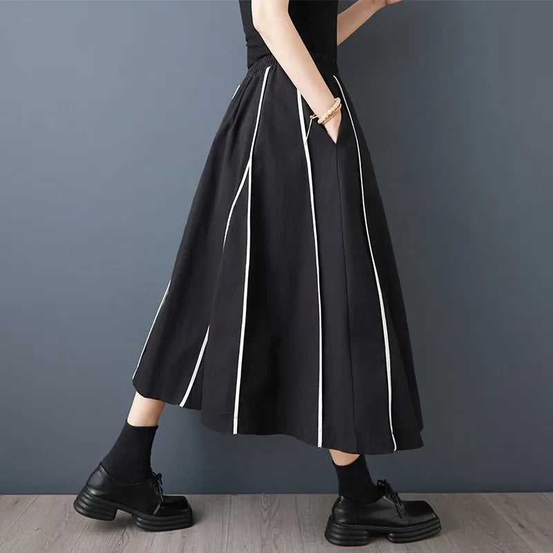 Elastic Waist Striped A-Line Midi Skirt
