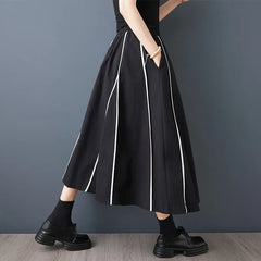 Elastic Waist Striped A-Line Midi Skirt
