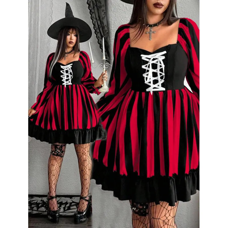 Halloween Beetlejuice Striped Dress, Goth Corset Front Puff Long Sleeve Flared Ruffle Short Dress