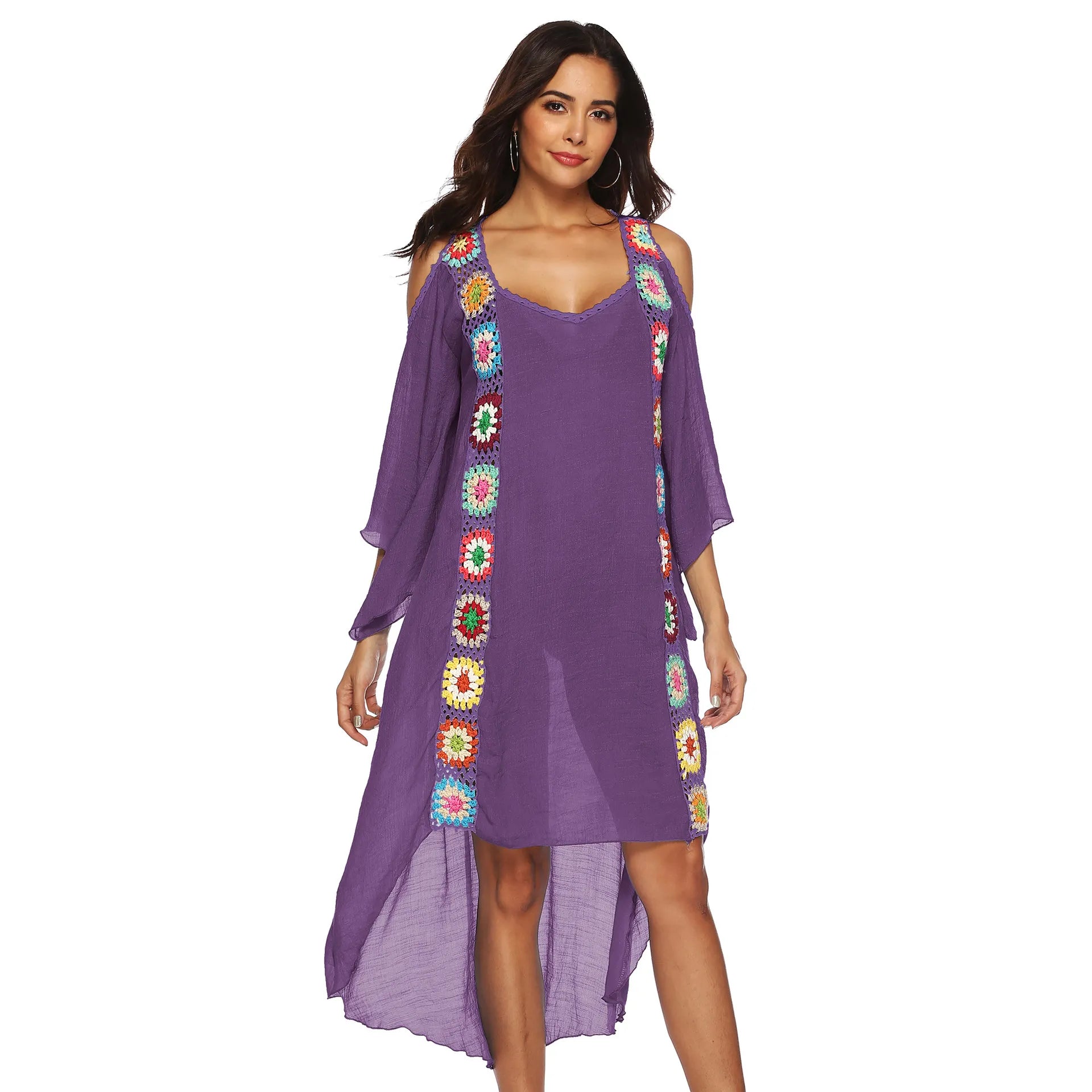 Colorful Crochet Irregular Cold Shoulder Cover-Up Dress
