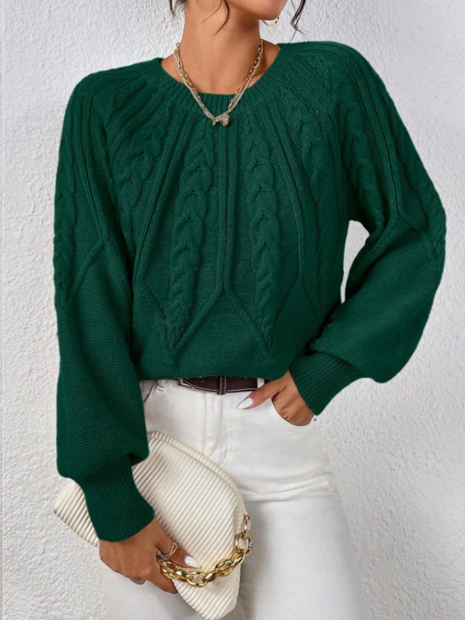 Crew Neck Cable Knit Sweater, Long Lantern Sleeve Loose Solid Pullover