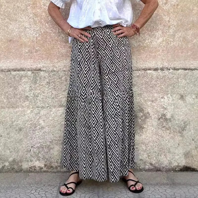 Striped Print High Waist Polyester Flared Wide Leg Long Casual Pants